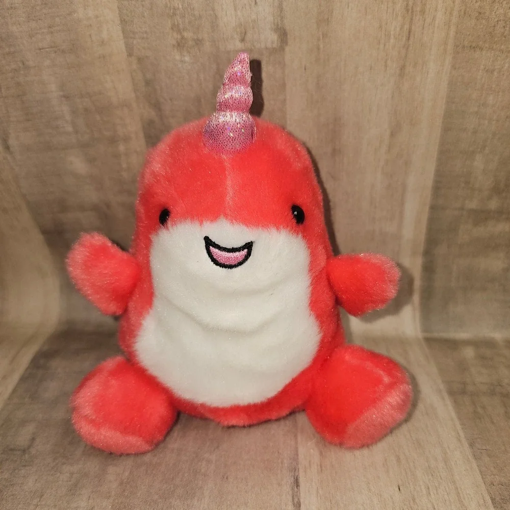 Aurora Palm Pals Nori Narwhal Coral Pink Plush Sea Life Stuffed Animal